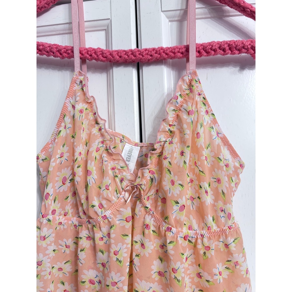 Peach Floral Mesh Camisole Ruffle Daisy Top Sleep Top Babydoll Style - Picture 3 of 10